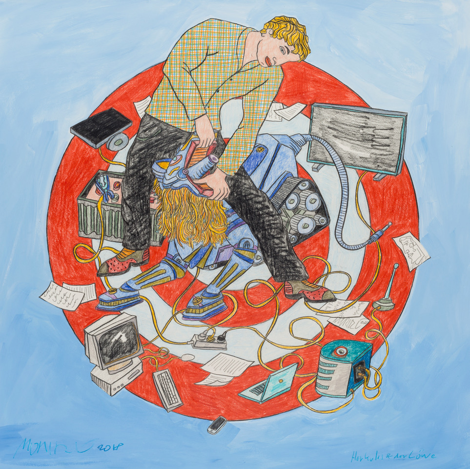 Moritz Götze, 
Herkules & der Löwe, 
2018, 
Mischtechnik auf Papier, 
60 cm x 60 cm,