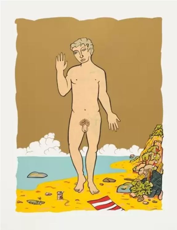 Moritz Götze, 
Am Strand, 
2014,
Gold, 
Vier Varbvarianten, 
Serigrafie,
90 x 70 cm,
Auflage 30