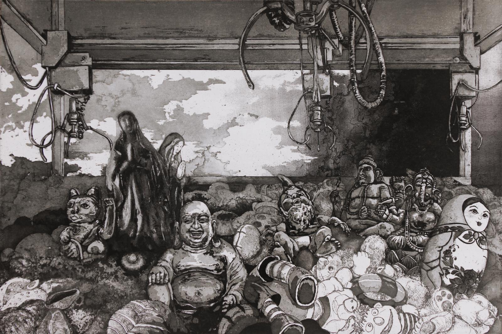 Karin Brosa, Grab'n go 3, 2019, Radierung, Serigraphie, 54 cm x 69 cm, Auflage 10