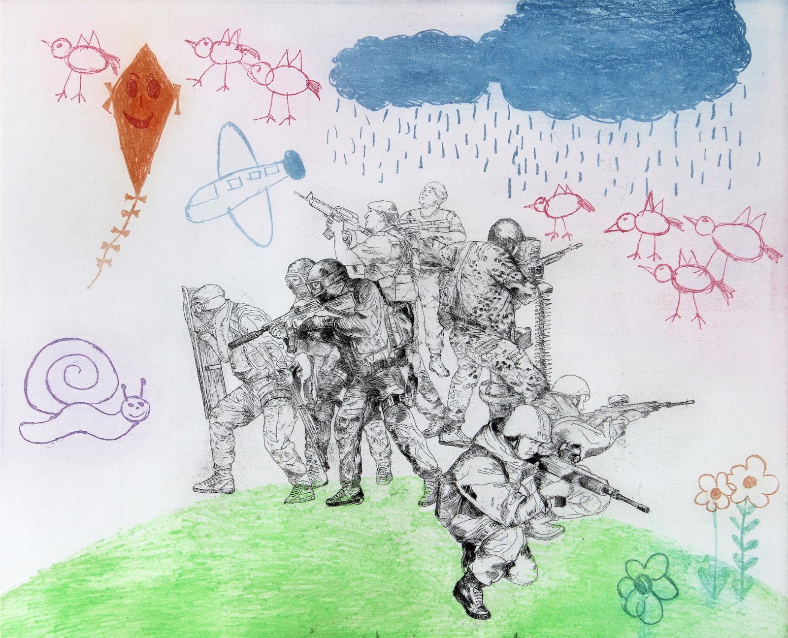 Karin Brosa, 
Ringelreihen 2,
2015,
Farbradierung, 49 cm x 64 cm, Auflage 10 