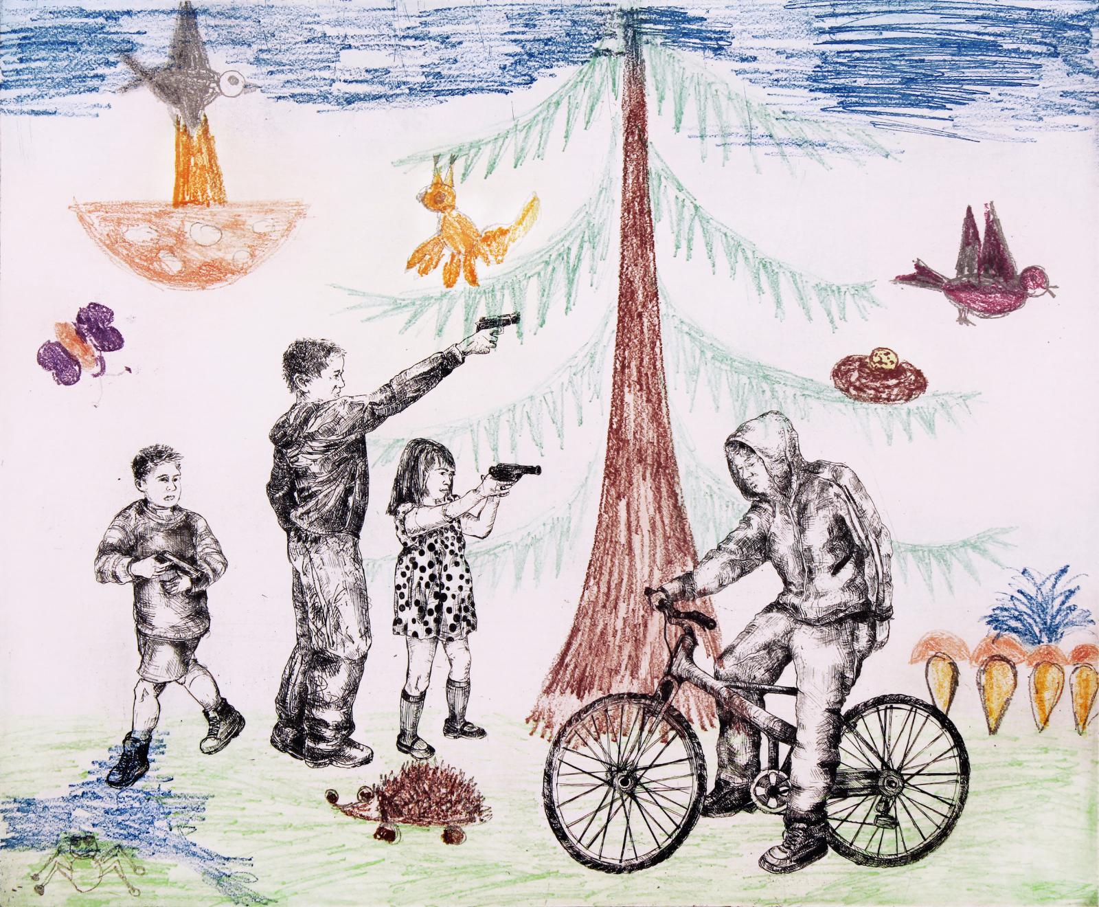 Karin Brosa,
Ringelreihen 3,
2016,
Farbradierung, 49 cm x 64 cm, Auflage 10