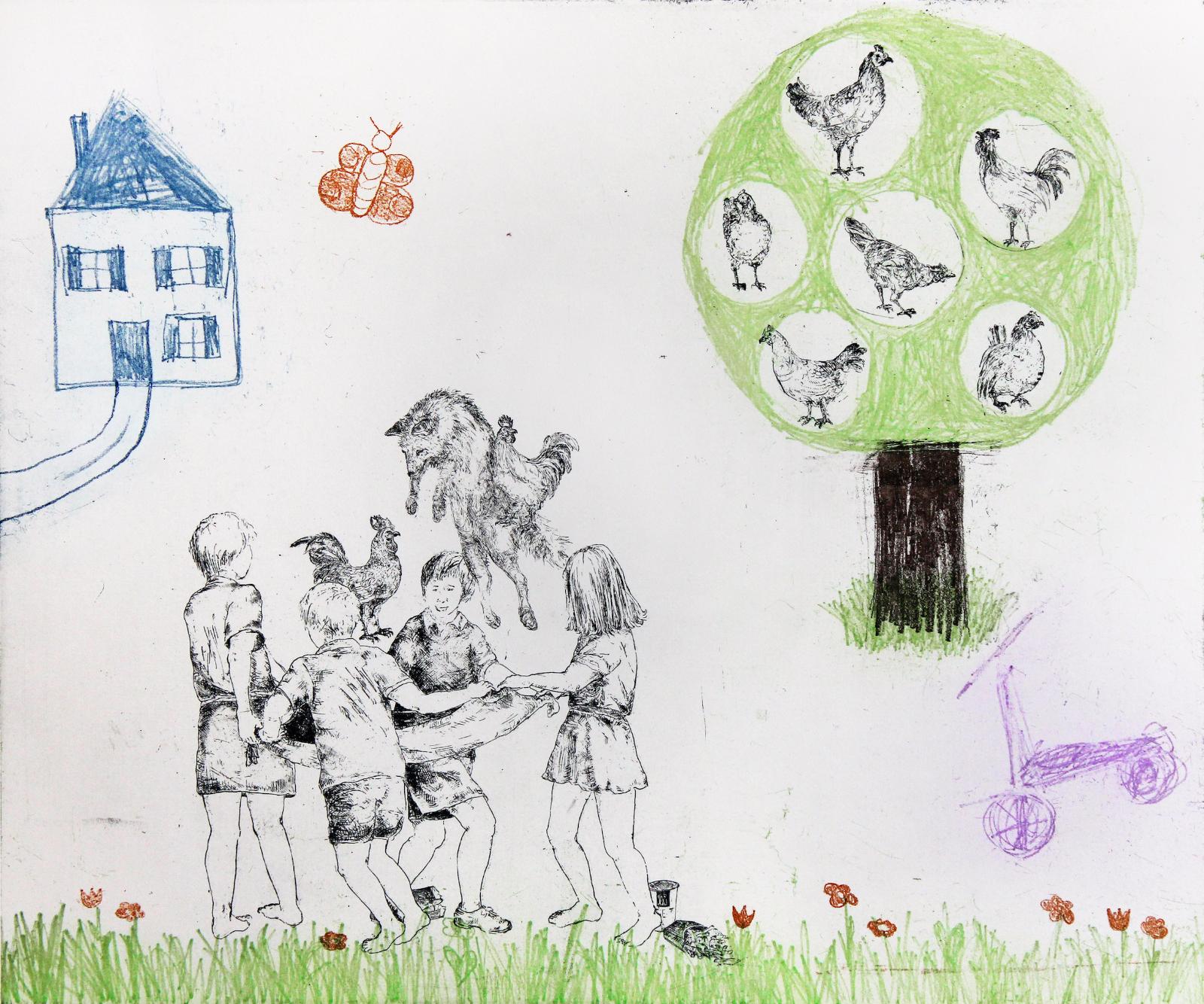 Karin Brosa, 
Ringelreihen 1,
2013,
Farbradierung, 49 cm x 64 cm, Auflage 10