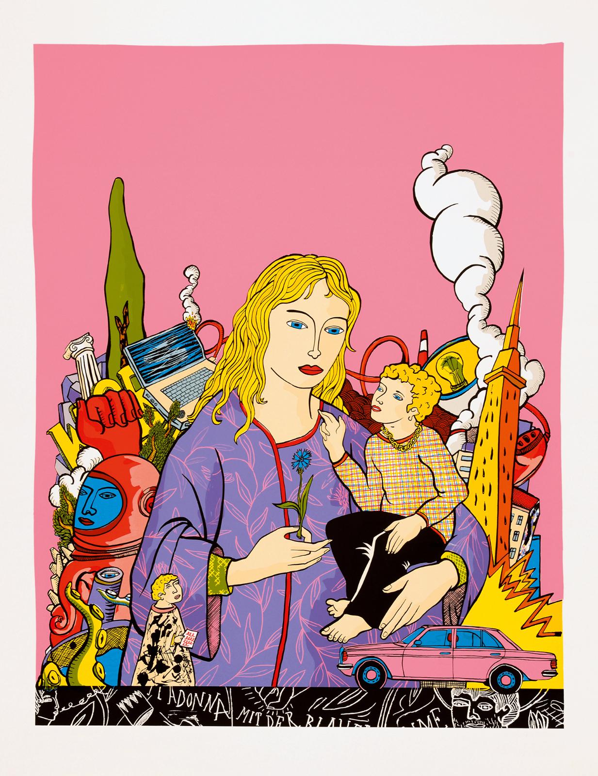 Moritz Götze, 
Madonna mit der blauen Blume, 
2014, 
Serigrafie, 90 cm x 70 cm, 
Auflage 50