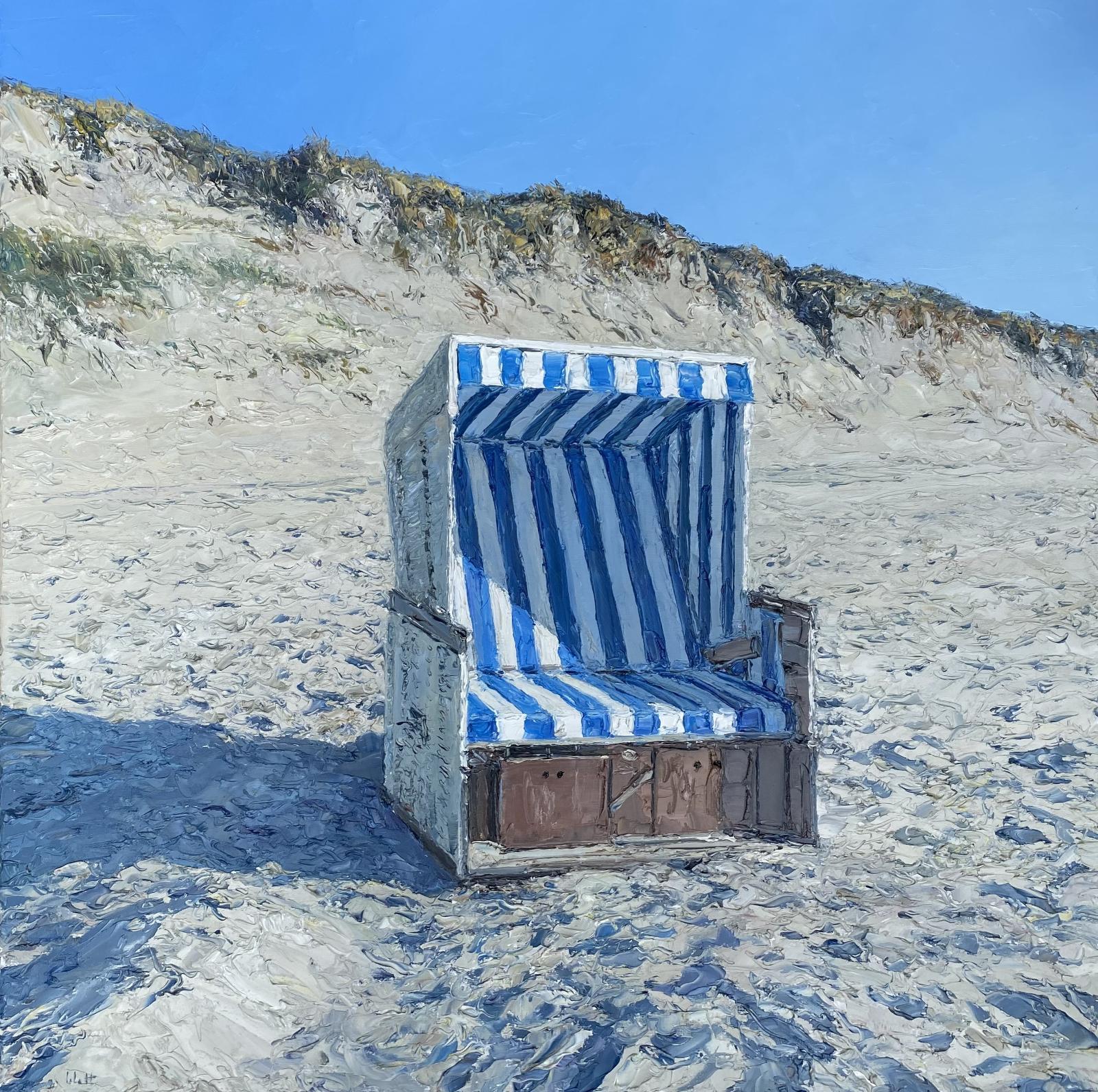 Peter Witt, Strandkorb auf Sylt, 2024, Öl auf Leinwand, 100 cm x 100 cm, Galerie Cyprian Brenner, LONGSTREET ART SHOP