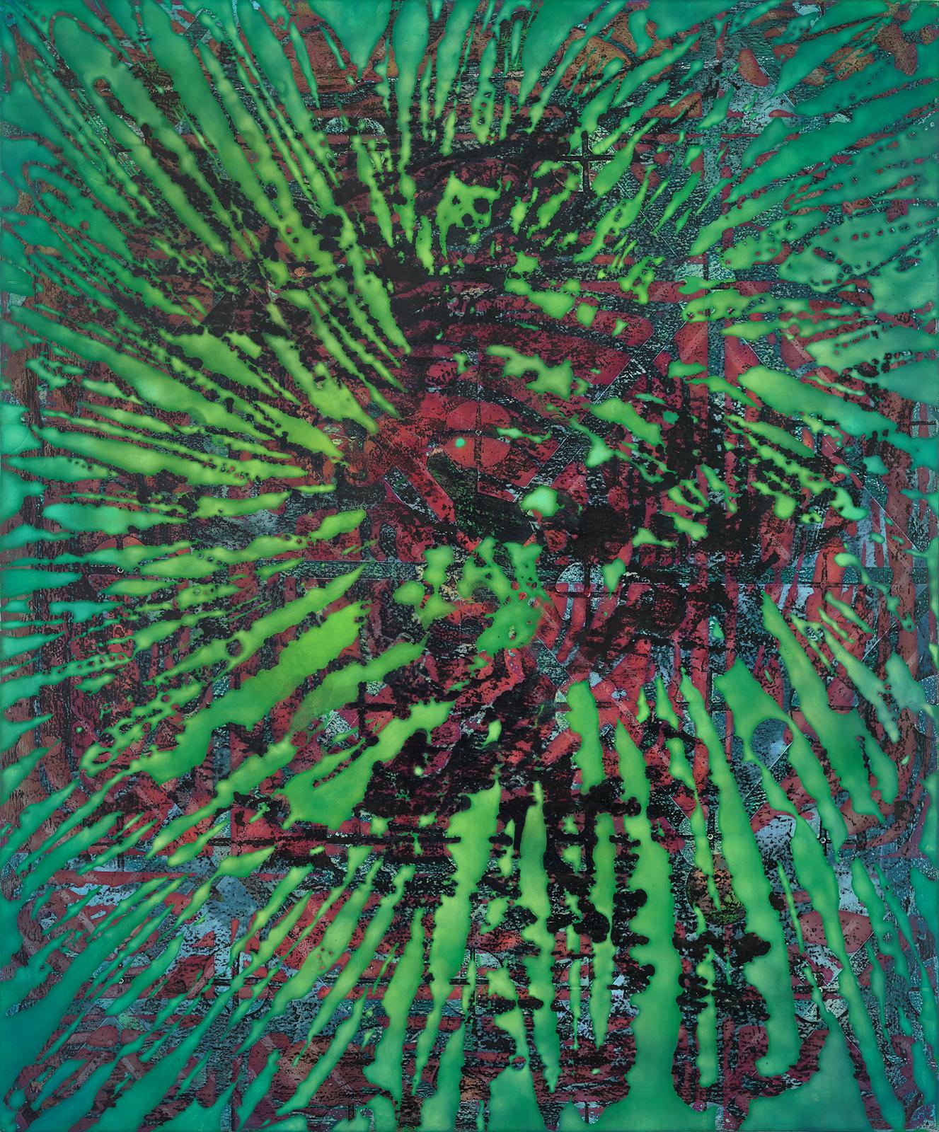 Philipp Zörndlein, Treiben, 2019, Öl, Lack, Tusche, Acryl und Papier auf Holz, 120 cm x 100cm, Galerie Cyprian Brenner, LONGSTREET ART SHOP