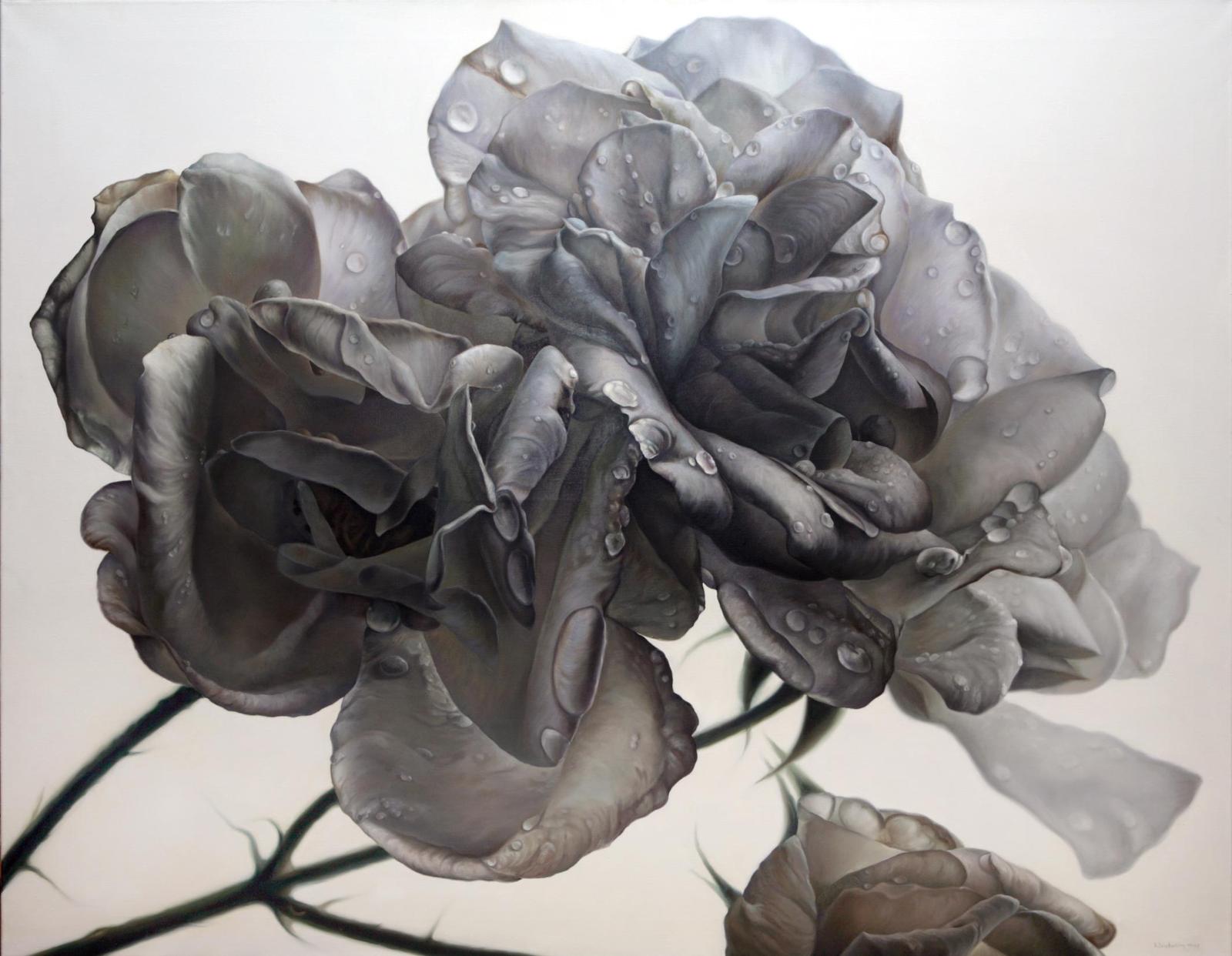 Hermann Försterling, Weisse Rosen mit Tau, 11-2003, Öl auf Leinwand, 140  x 180 cm, föh002ko