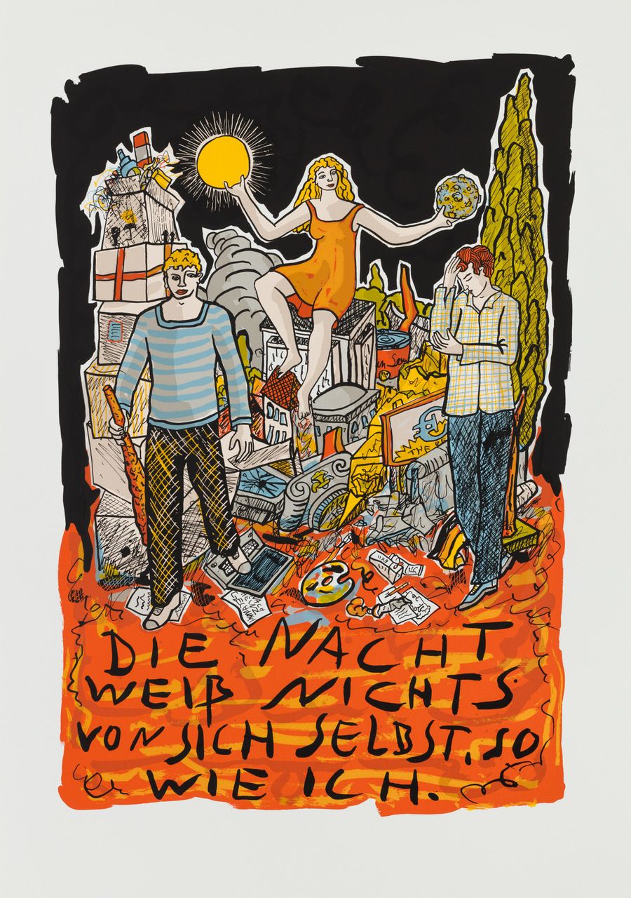 Moritz Götze,
Die Nacht weiß nichts von sich selbst, 
2019, 
Serigrafie, 
70 cm x 50 cm, 
Auflage 50