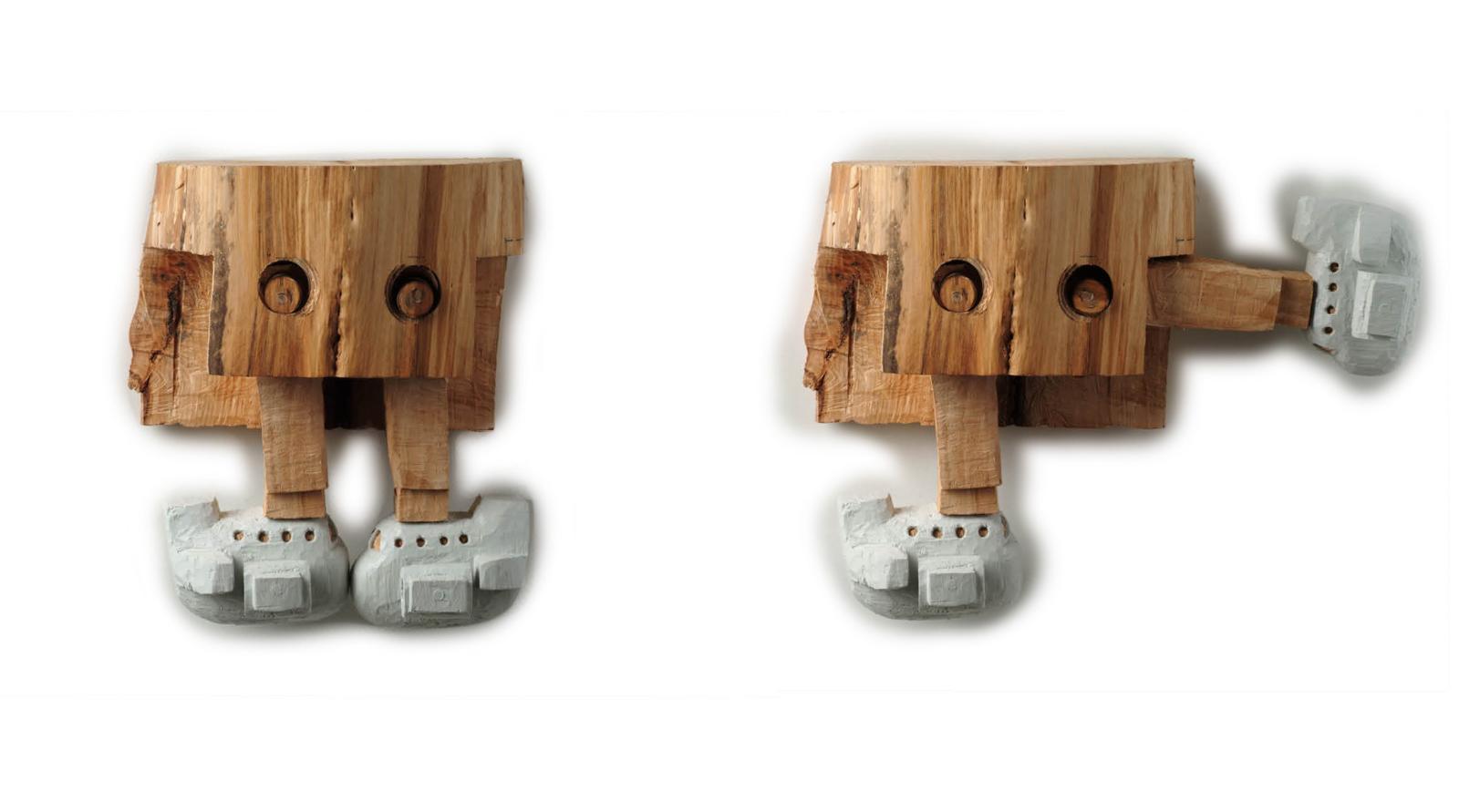 Andreas Welzenbach, „Flugzeug auf Flugzeug“ (aus der Serie: kleine Katastrophen), 2005, Linde, farbig gefasst, 47 x 40 x 20 cm, wea024ko