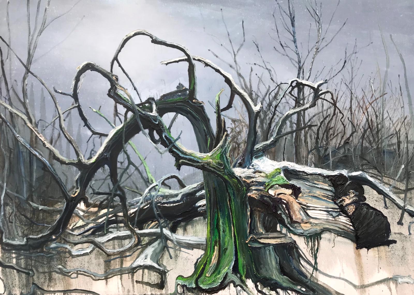 Helge Hommes, Baumportrait, RHW ... Die große Landung, 2019, Öl auf Leinwand, 180 cm x 250 cm, Galerie Cyprian Brenner, LONGSTREET ART SHOP