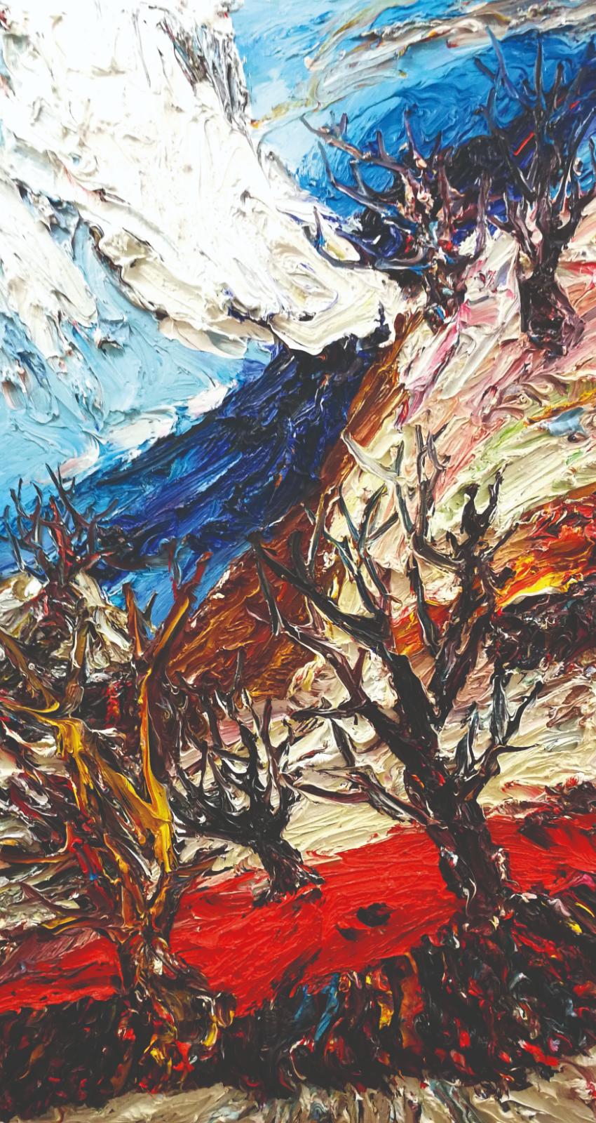 Harry Meyer, Arboretum/Winter, 2013, Öl auf Leinwand,  100 x 55 cm