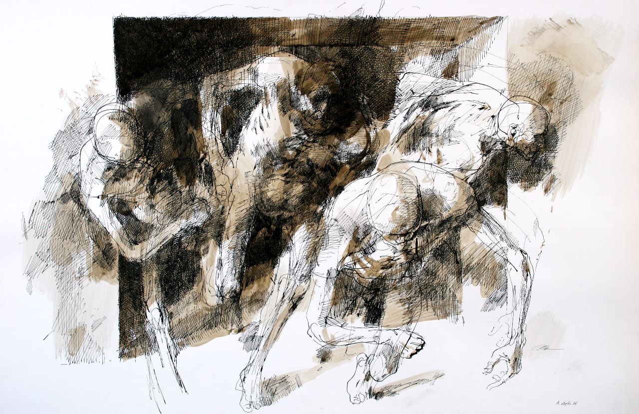 Roland Dörfler, ohne Titel, 1975, Federzeichnung / Sepia, 
65 x 100 cm