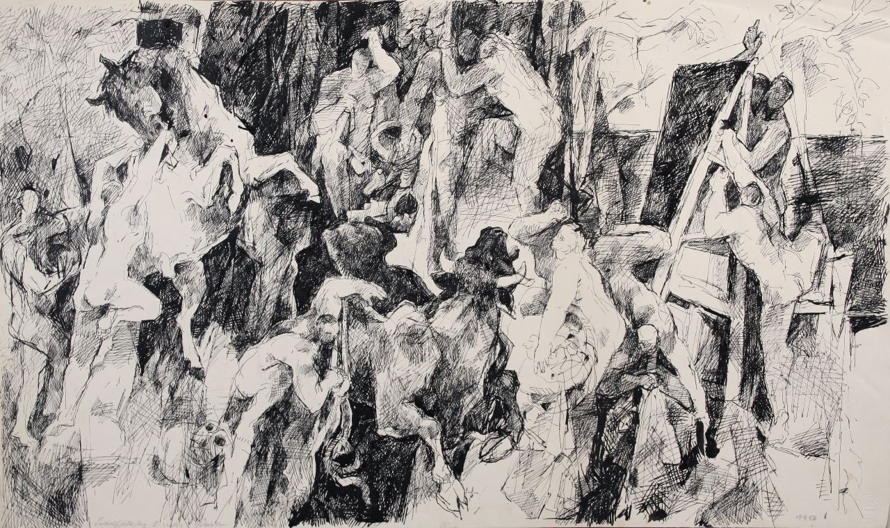 Roland Dörfler, ohne Titel - Entwurf, Killesberg B.-Württgb./Hölderlin, 1956, Federzeichnung, 48 x 80 cm