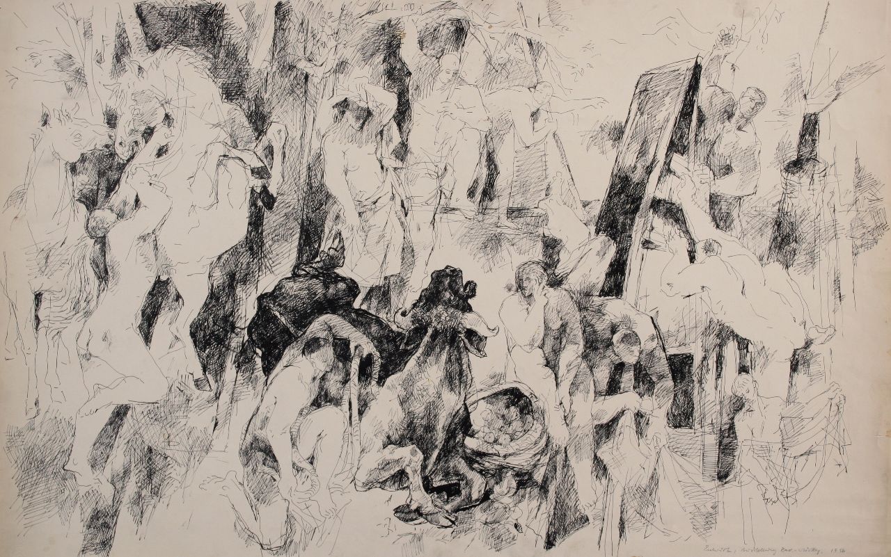 Roland Dörfler, ohne Titel - Entwurf Ausstellung Bad.-Württbg., 1958, Federzeichnung, 56 x 88 cm
