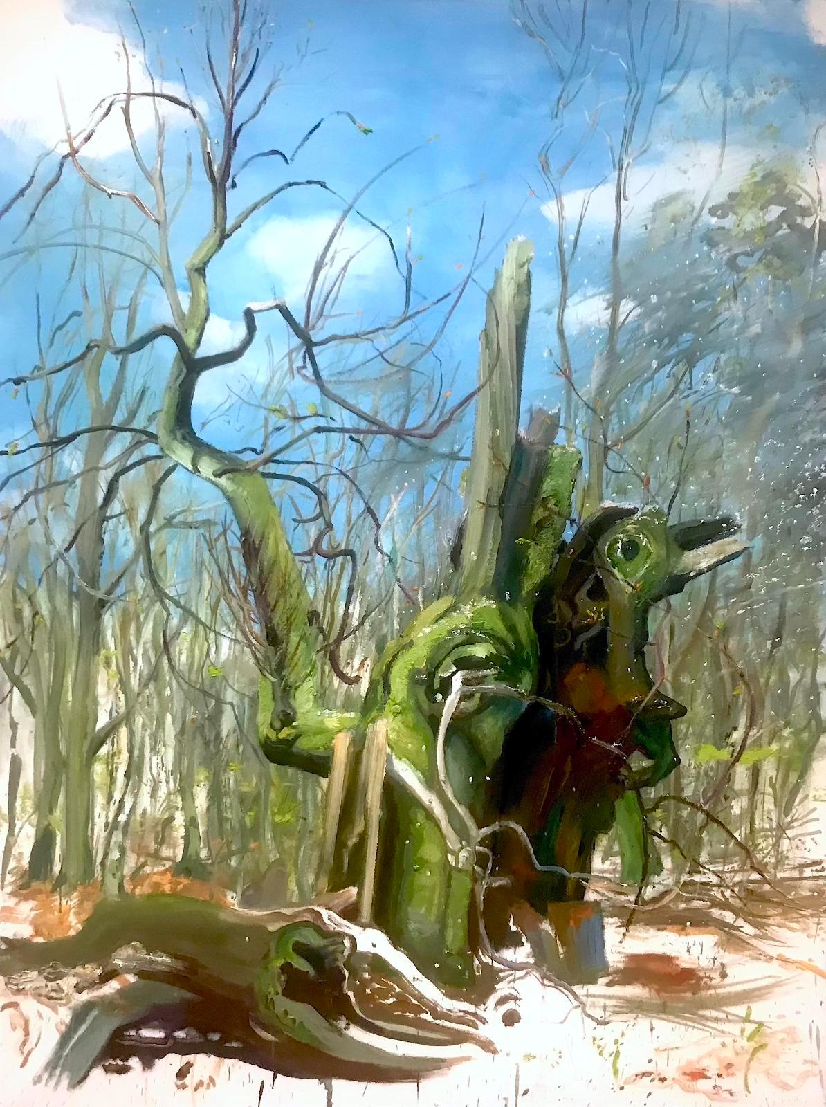 Saxana, Du, Doppelbaumporträt, DER PINGUIN, plein air 2019, Öl auf Leinwand, 160 x 120 cm