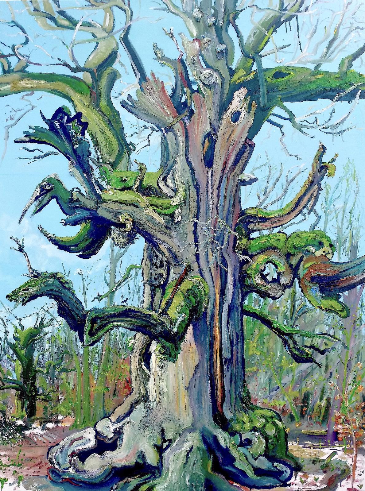 Saxana, Baumporträt der Kamin Eiche, plein air 2019, Öl auf Leinwand, 160 x 120 cm