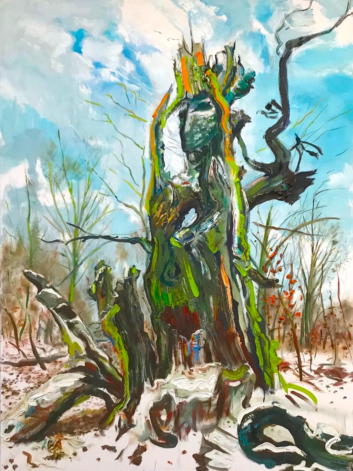 Saxana, Du, Doppelbaumporträt, Die Schneekönigin, plein air 2019, Öl auf Leinwand, 160 x 120 cm