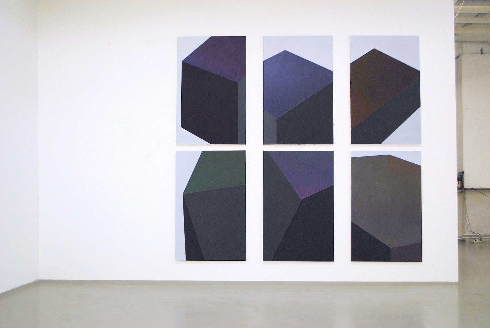 Jens Hausmann, Baustein, 6 - 11, 2015, Öl auf Leinwand, je 110 cm x 70 cm, gesamt 228 cm (8 cm Abstand) mal 240 cm (15 cm Abstand)