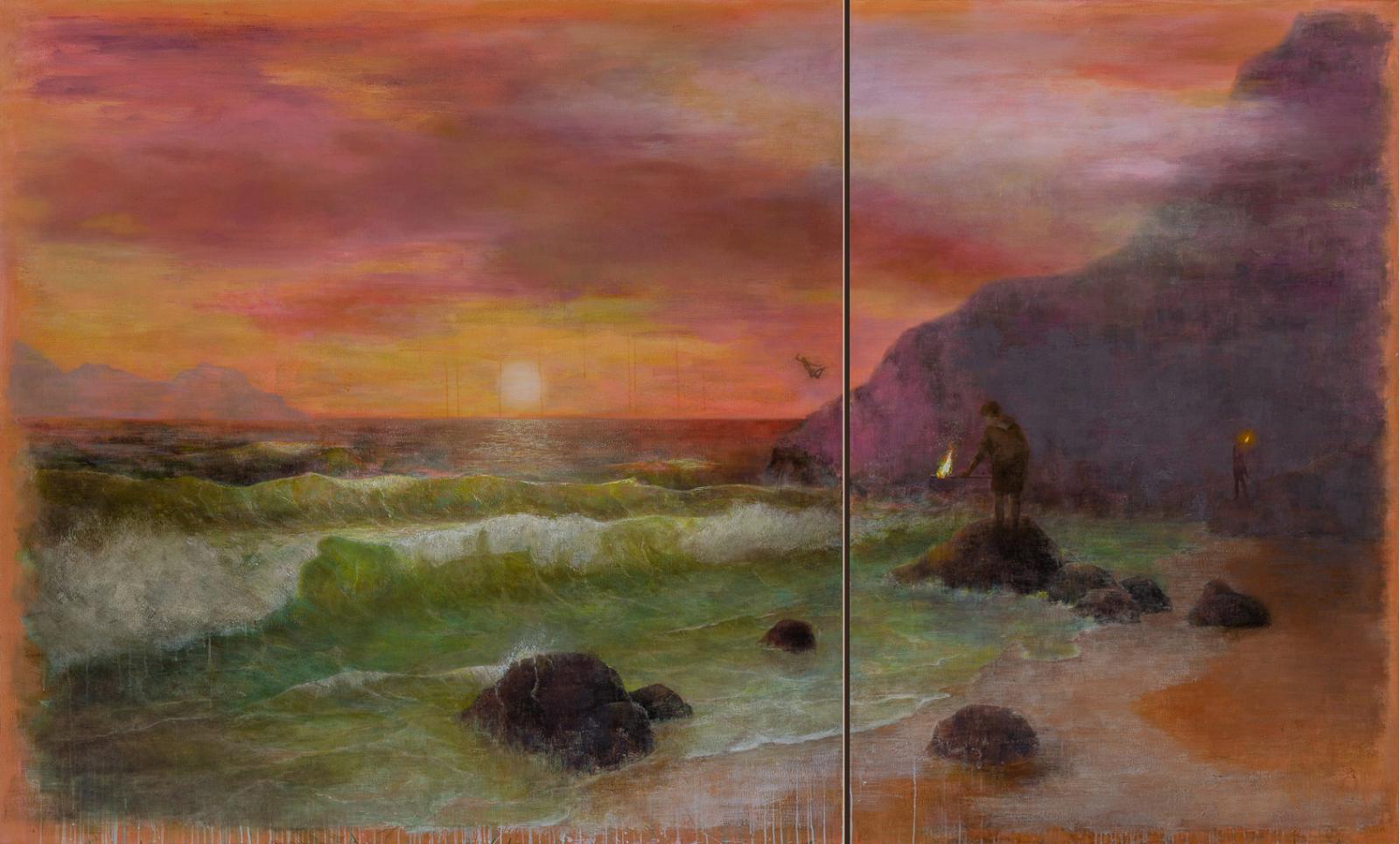 Kathrin Rank, Dritter Versuch das Meer anzuzünden (Diptychon), 2021, Öl auf Leinwand, 170 x 280 cm