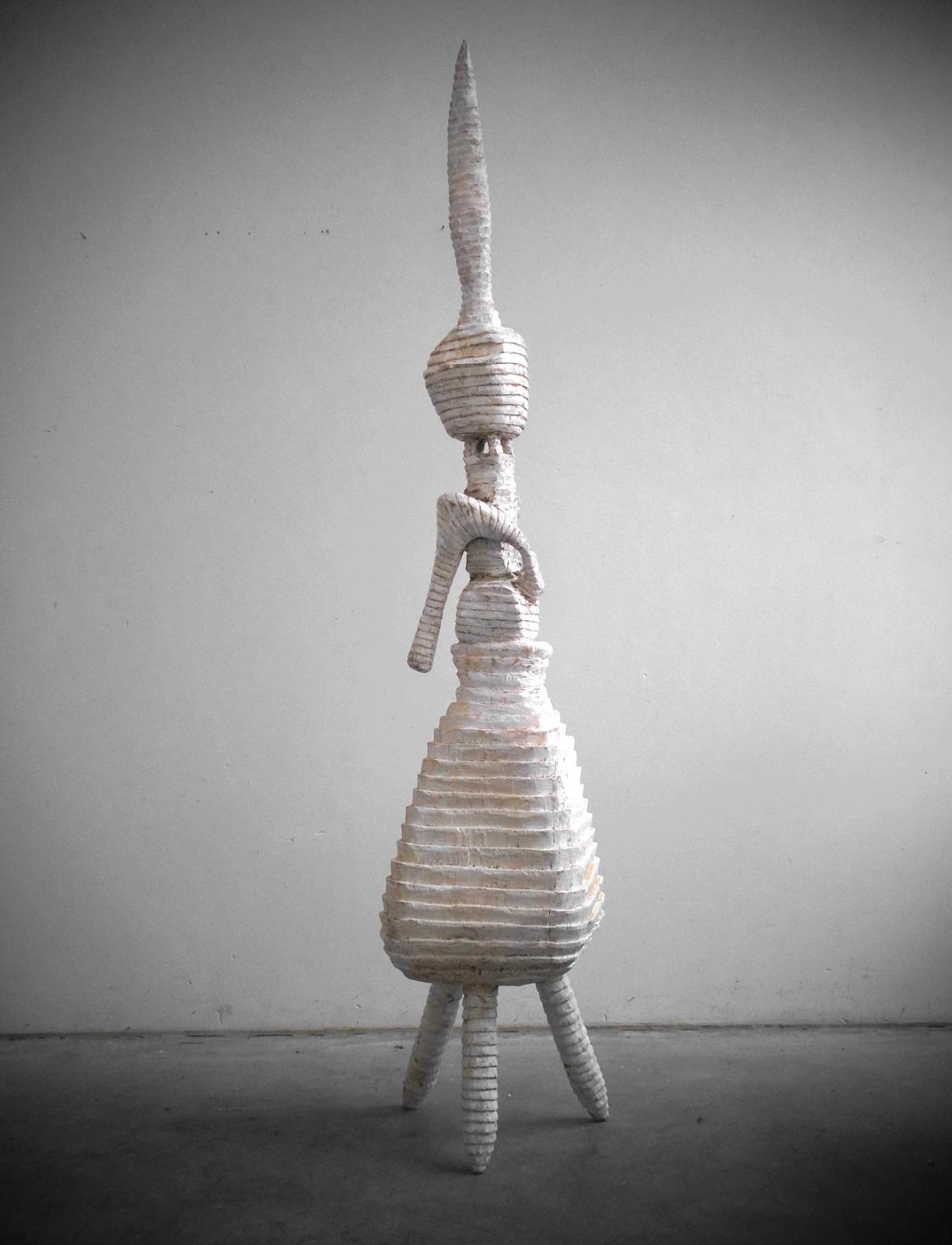 Klaus Hack, Die weiße Krähe , 2024, 2025, Linde weiss gefasst, 198,5 cm x 39 cm x 34 cm, Galerie Cyprian Brenner, LONGSTREET ART SHOP