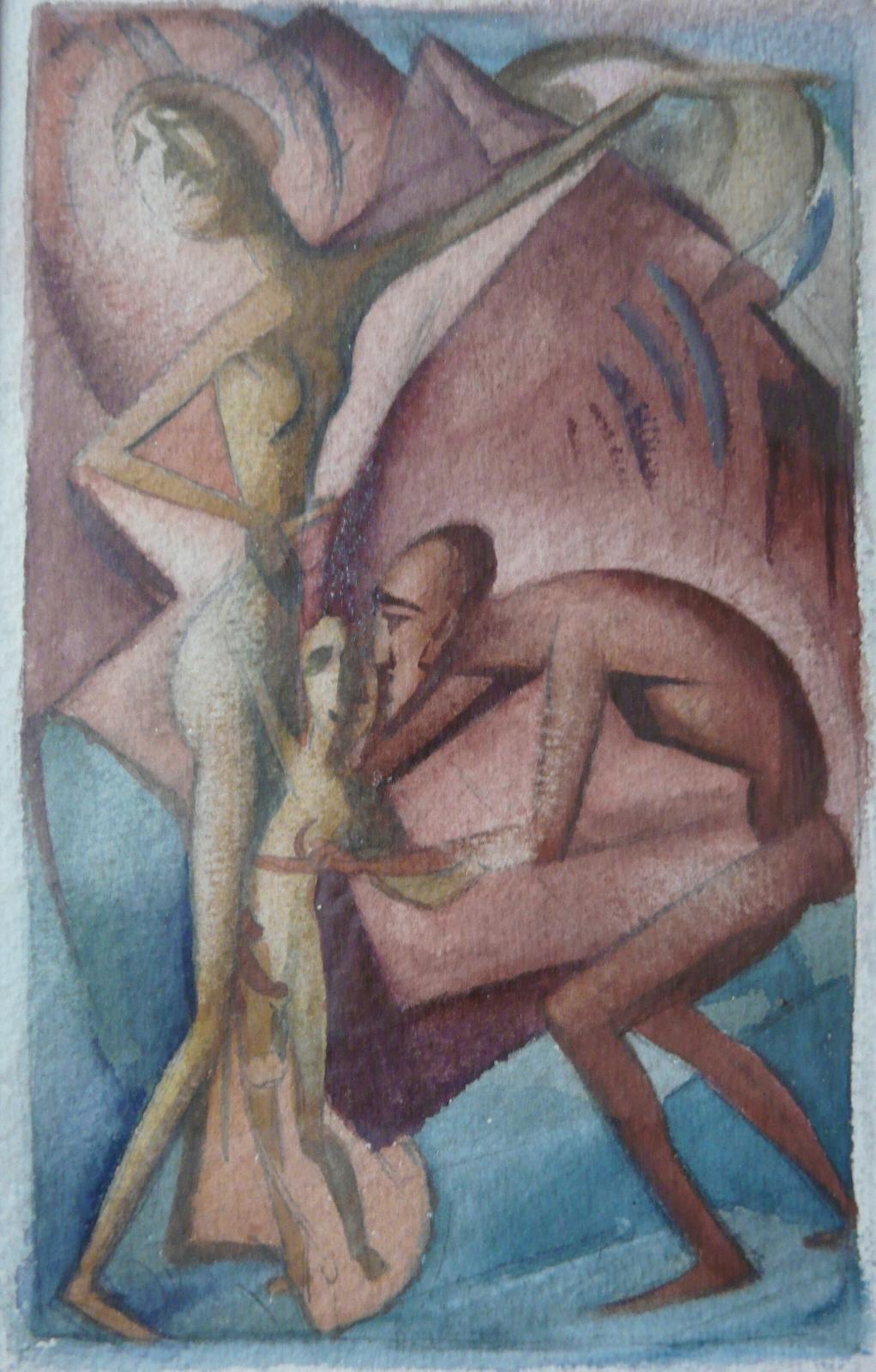 Max Ackermann, Familienidyll, 1917, Aquarell auf Bütten, 18 cm x 11 cm, SüdWestGalerie