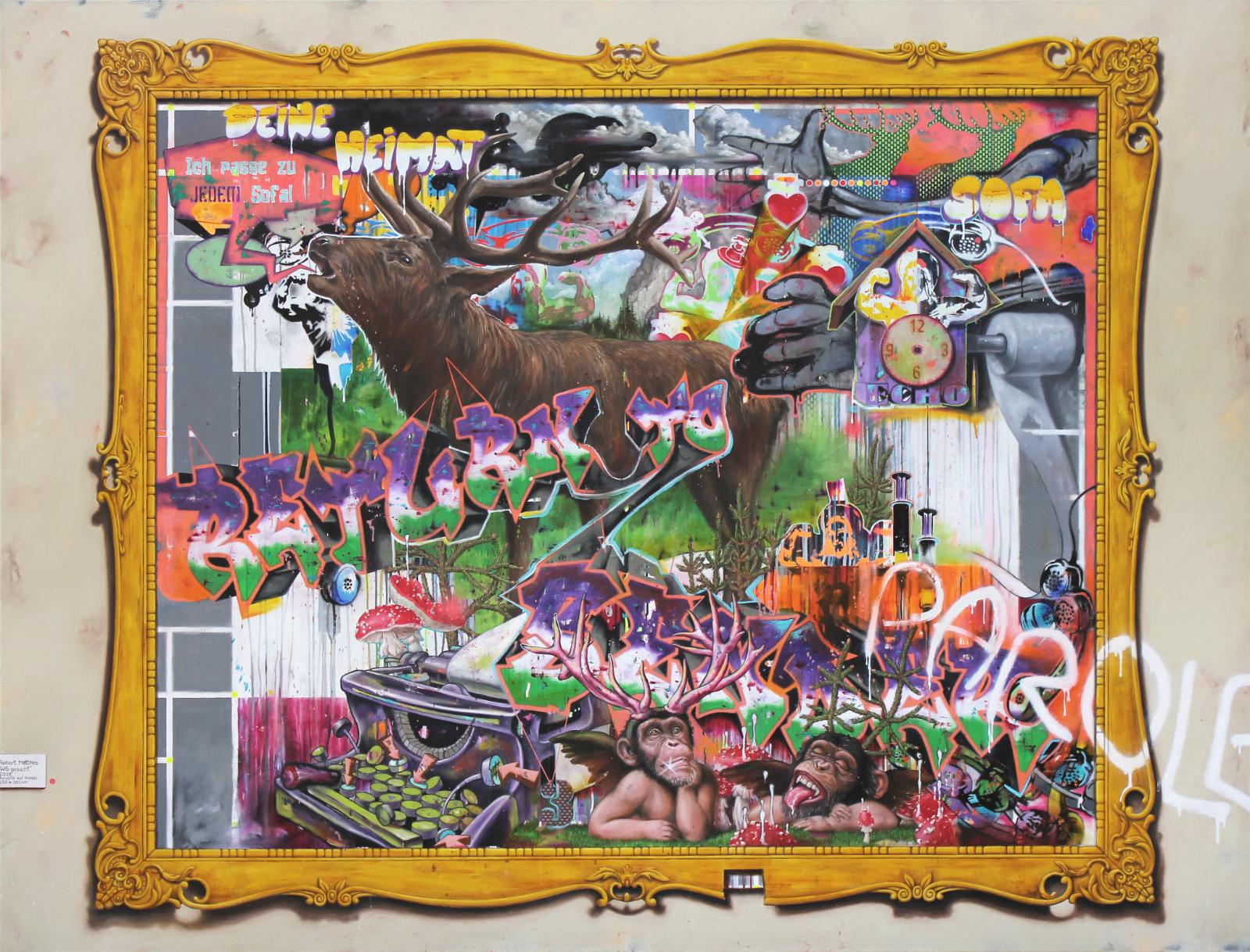 Robert Matthes, WG gesucht, 2016, Acryl, Öl und Lack auf Nessel, 160 cm x 210 cm, SüdWestGalerie, LONGSTREET ART SHOP