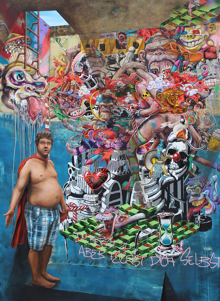 Robert Matthes, Welt retten...später, 2017, Acryl, Öl, Lack auf Nessel, 220 cm x 160 cm, Galerie Cyprian Brenner, LONGSTREET ART SHOP