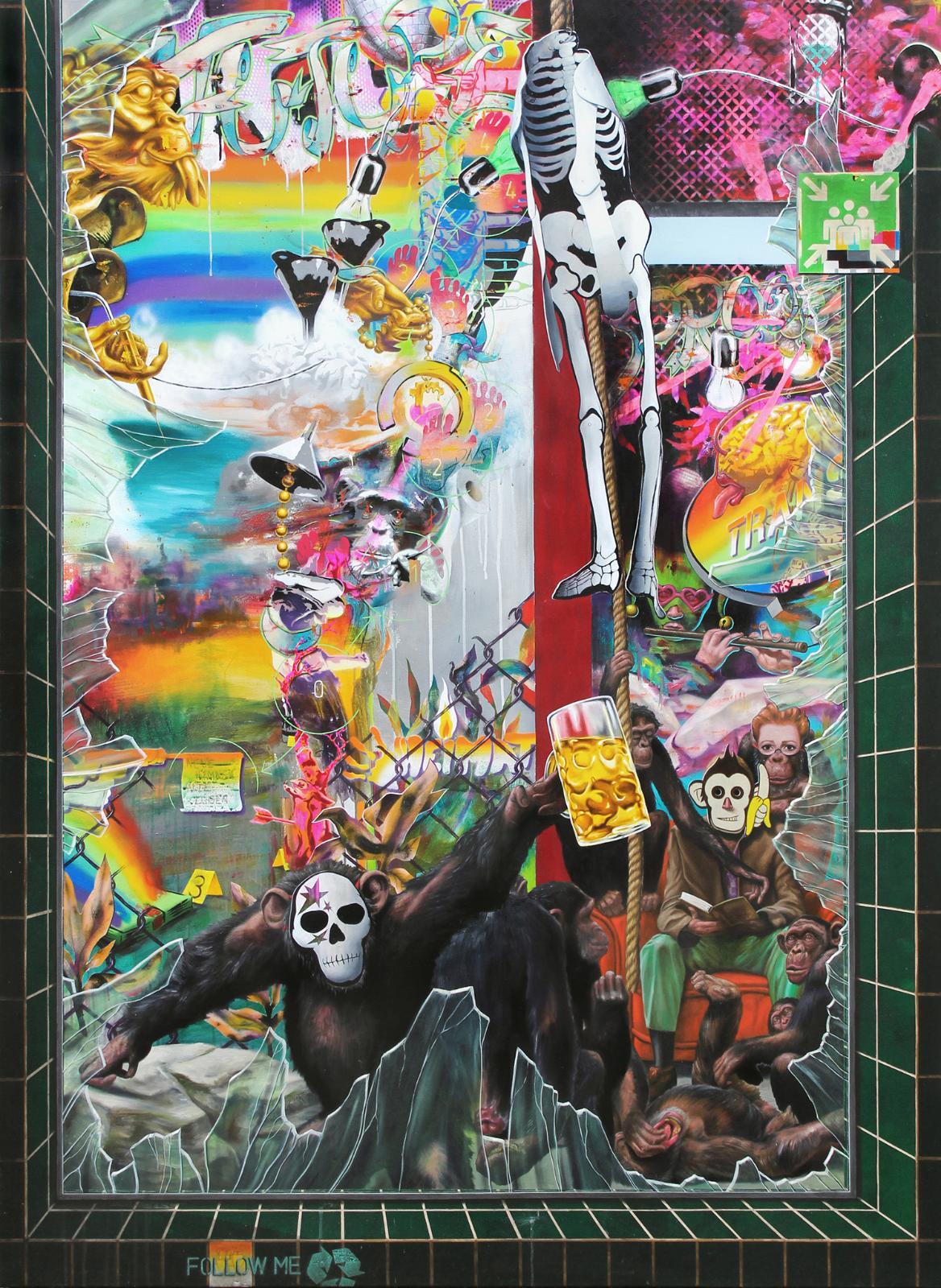 Robert Matthes, den Affen Zucker geben, 2018, Acryl, Öl, Lack auf Nessel, 220 cm x 160 cm, Galerie Cyprian Brenner, LONGSTREET ART SHOP