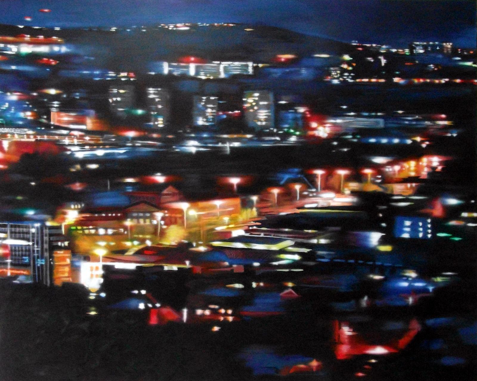 Werner Fohrer, Nachtbild I, Blick auf Stuttgart vom Weißenburgpark, 2011, Acryl, Airbrush auf Leinwand, 120 cm x 150 cm, SüdWestGalerie, LONGSTREET ART SHOP