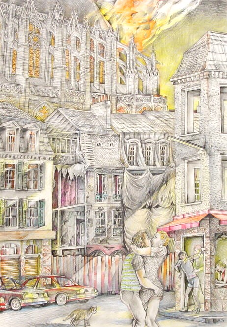 Helmut Goettl, Brennende Kathedrale, 1994, Zeichnung, 99 cm x 69 cm, goh007re, Preis auf Anfrage, SüdWestGalerie, LONGSTREET ART SHOP