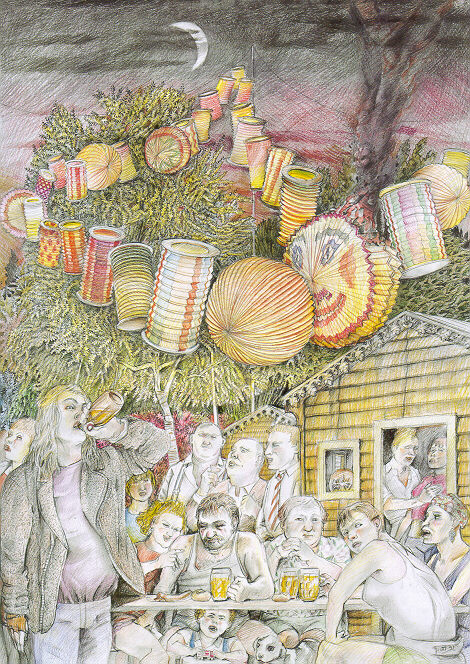 Helmut Goettl, Gartenfest, 1992, Zeichnung, 102 cm x 73 cm, goh010re, Preis auf Anfrage, SüdWestGalerie, LONGSTREET ART SHOP