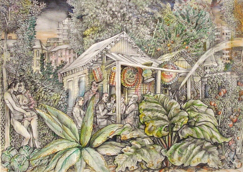 Helmut Goettl, Gartenfest, 1996, Zeichnung, 62 cm x 86 cm, goh003re, Preis auf Anfrage, SüdWestGalerie, LONGSTREET ART SHOP