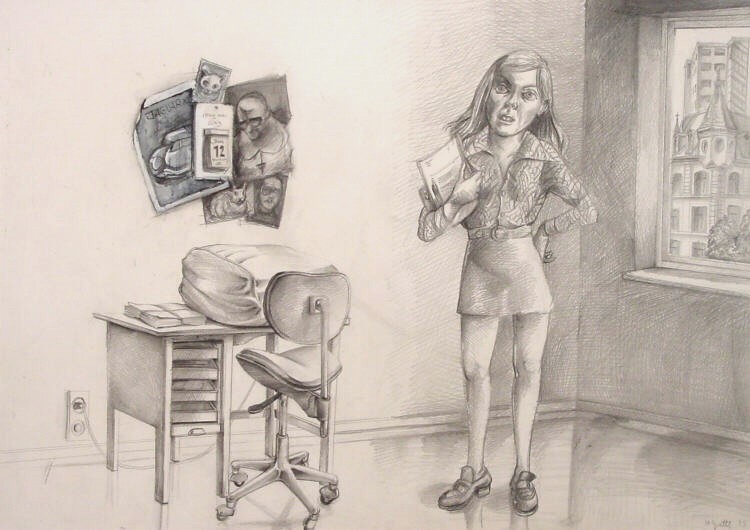 Helmut Goettl, Im Büro, 1975, Zeichnung, 43 cm x 61 cm, Preis auf Anfrage, SüdWestGalerie, LONGSTREET ART SHOP