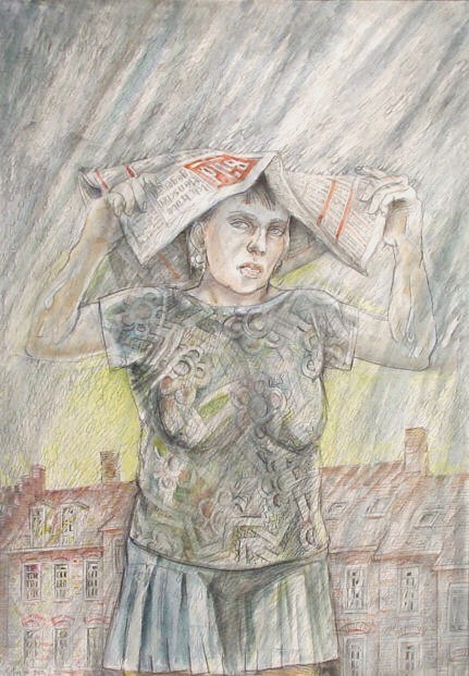 Helmut Goettl, Im Regen, 1996, Zeichnung, 100 cm x 70 cm, goh009de, Preis auf Anfrage, SüdWestGalerie, LONGSTREET ART SHOP