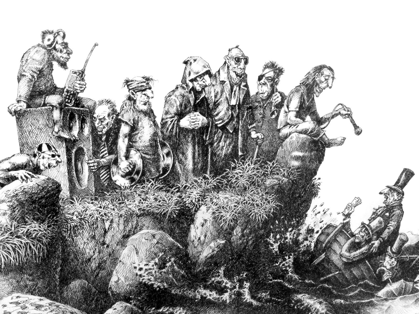 Max Peter Haering, Küste der Blinden, 1987, Tuschzeichnung, 26 cm x 33 cm, ham010, SüdWestGalerie, LONGSTREET ART SHOP