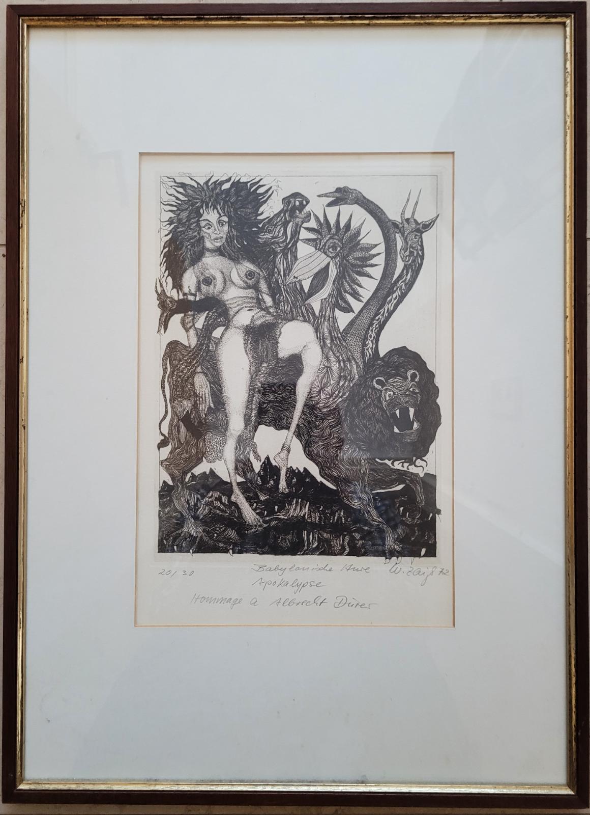 Werner Zaiss, Babylonische Hure Apokalypse, 1972, Radierung, 20 von 30, 54,7 cm x 39,9 cm mit Rahmen, SüdWestGalerie, LONGSTREET ART SHOP  