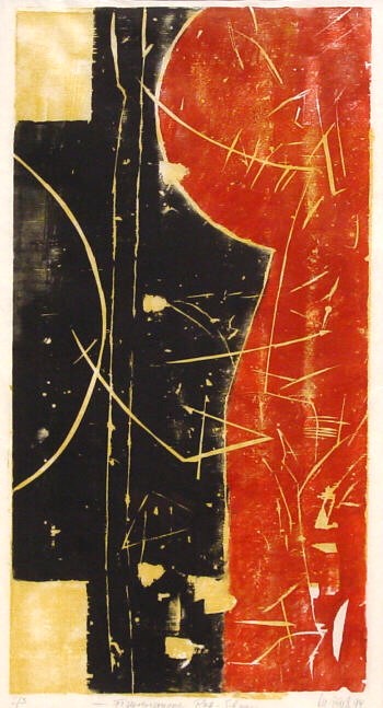 Werner Zaiss, Figurengruppe Rot-Schwarz, 1994, Holzschnitt, 83 cm x 46 cm, zaw016re, SüdWestGalerie, LONGSTREET ART SHOP
